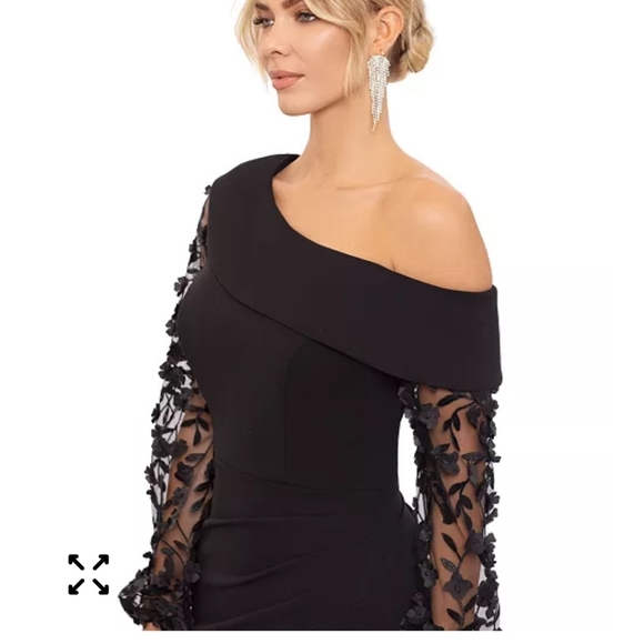 $249 XSCAPE Off-The-Shoulder Floral-Sleeve Gown Sz 6 Black Cocktail Party - Picture 4 of 16
